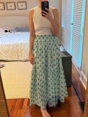 Floral Smocked Waist Maxi Skirt in Light Green and Blue